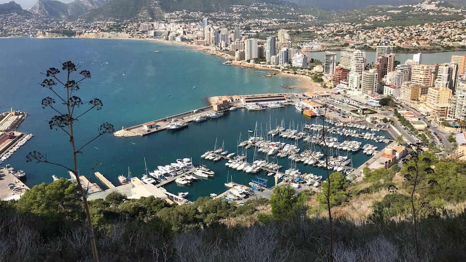 Un paisaje urbano costero con un puerto deportivo lleno de barcos, rodeado de montañas y edificios residenciales.