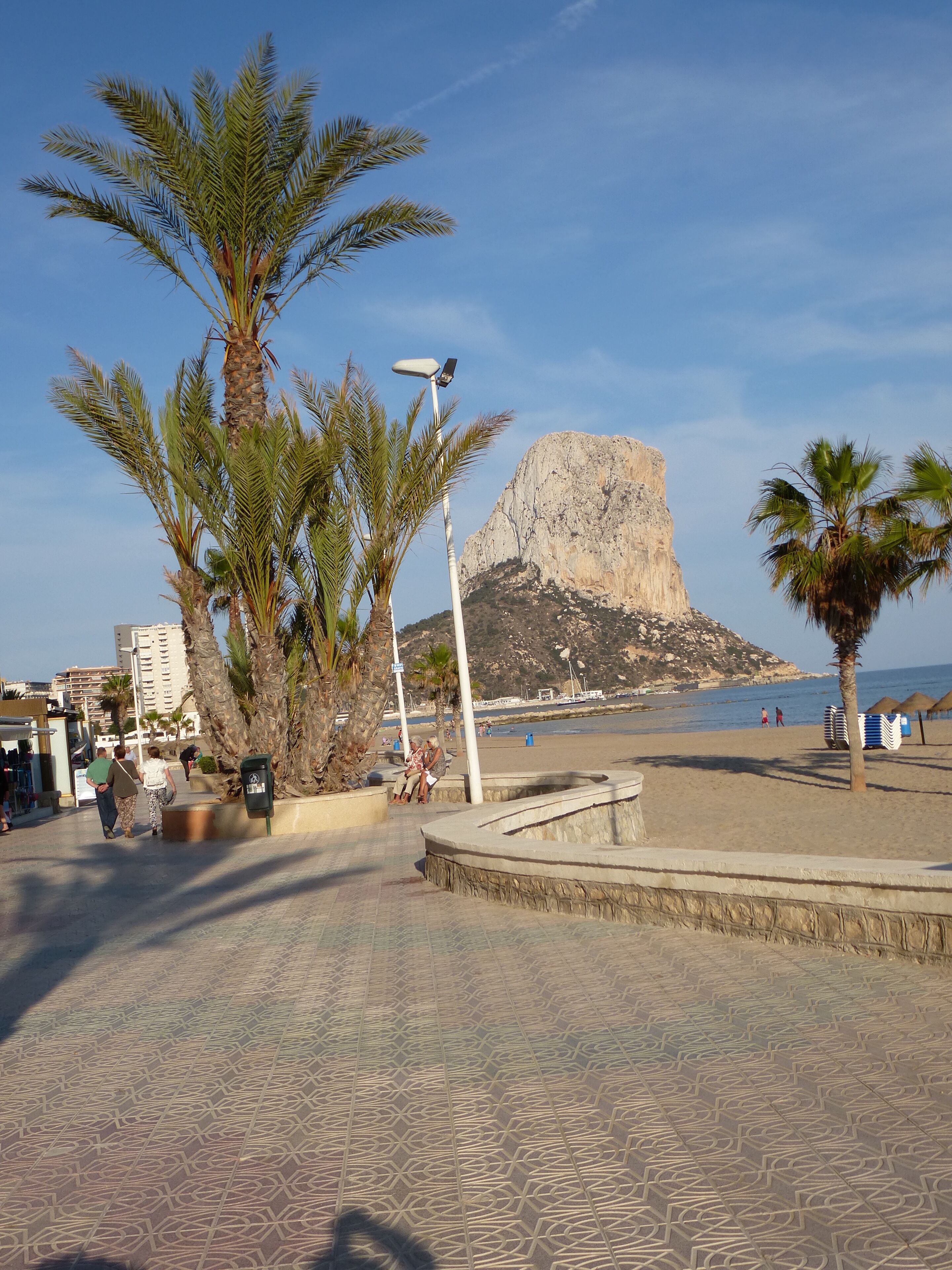 Un paseo marítimo con palmeras, una gran formación rocosa y una playa al fondo.