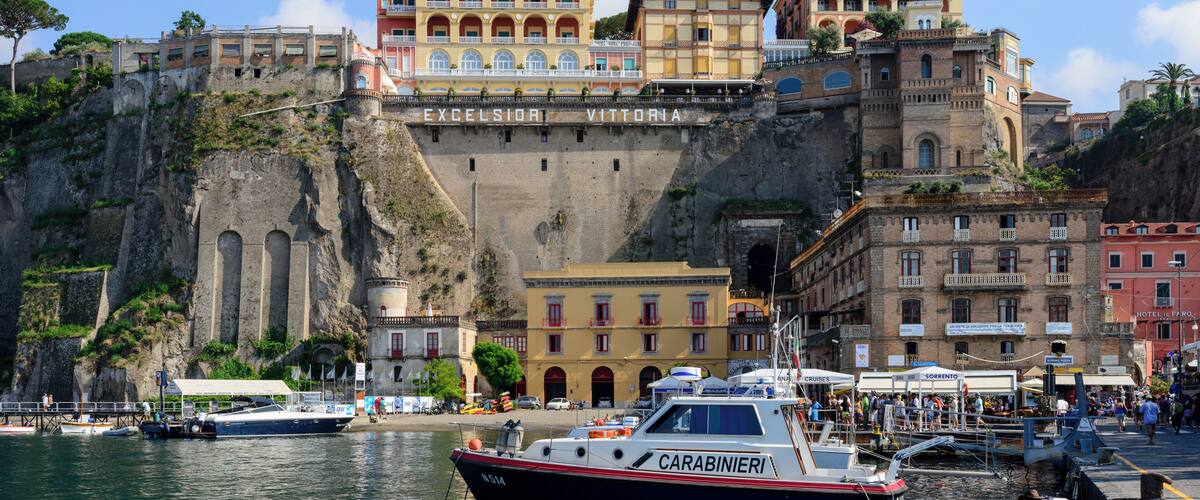 Marina Piccola, Ferry and yacht port of Sorrento, gulf of Naples, Campania, Italy.