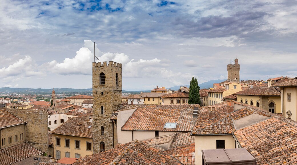 A cloudy day in Arezzo: a view of the city's bell towers, towers, and roofs from the Confraternita dei Laici tower