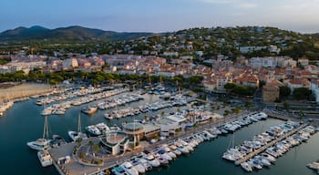 A marina with numerous boats docked, surrounded by a coastal town with buildings and hills in the background.