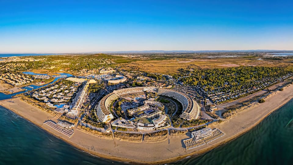 Aerial view of Cap d'Agde a seaside resort and naturist village on France's Mediterranean coast, Europe