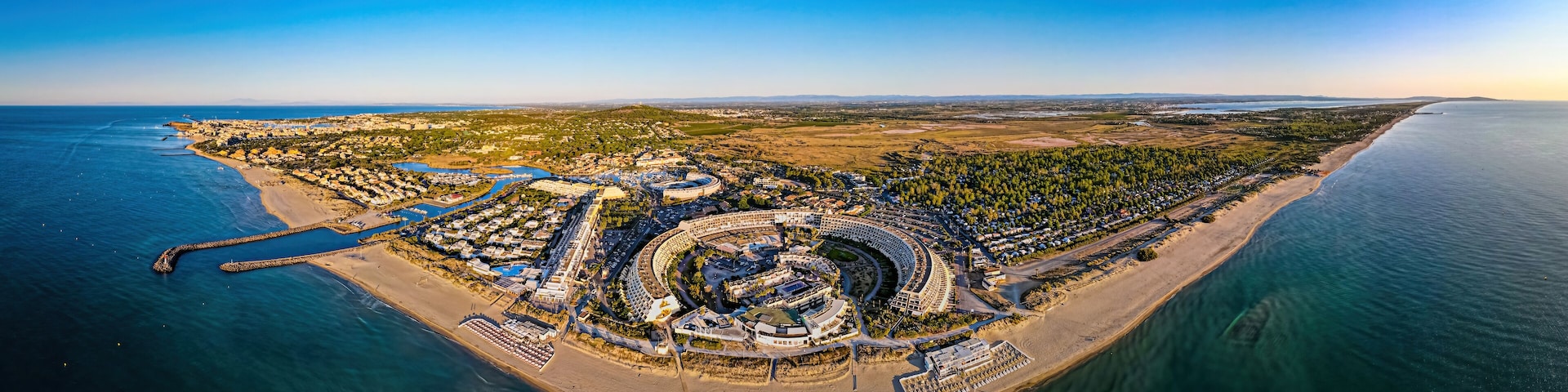 Aerial view of Cap d'Agde a seaside resort and naturist village on France's Mediterranean coast, Europe