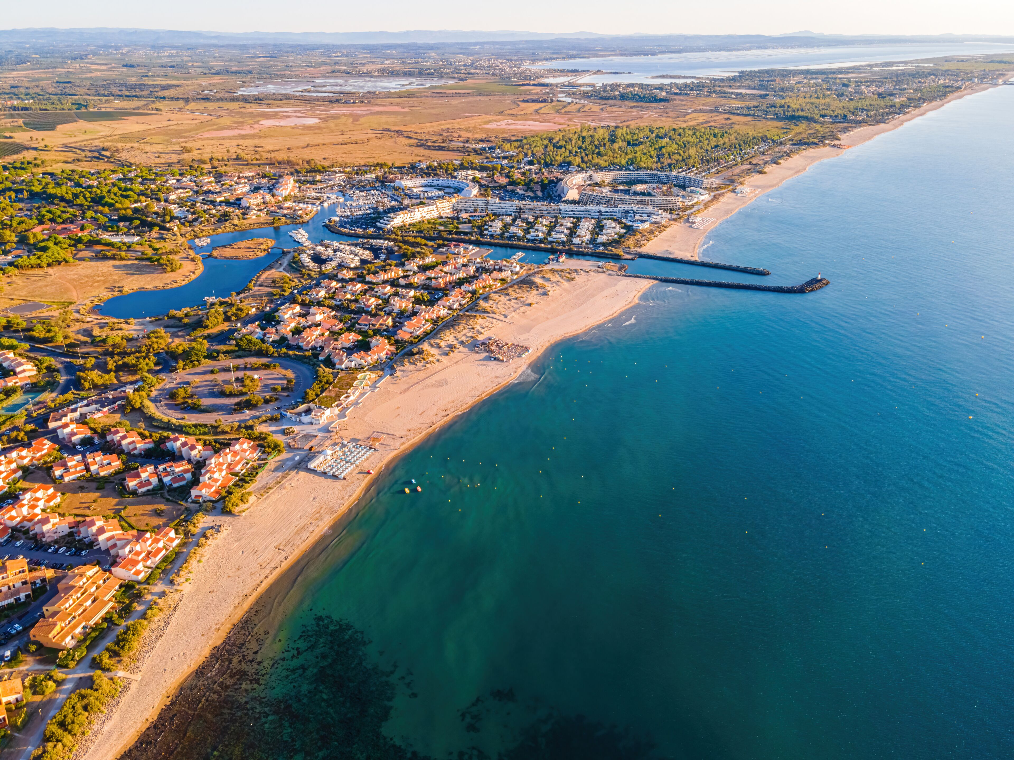 Aerial view of Cap d'Agde a seaside resort and naturist village on France's Mediterranean coast, Europe
