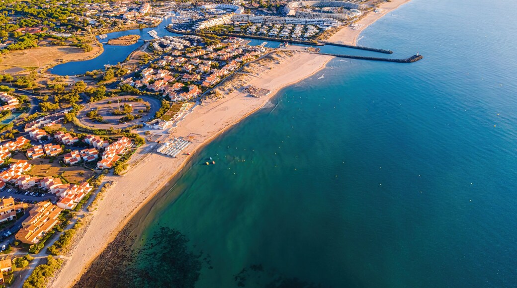 Aerial view of Cap d'Agde a seaside resort and naturist village on France's Mediterranean coast, Europe