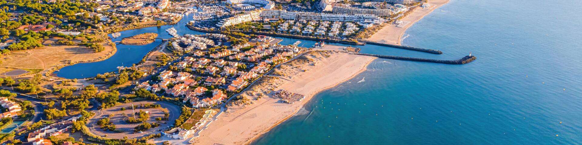 Aerial view of Cap d'Agde a seaside resort and naturist village on France's Mediterranean coast, Europe