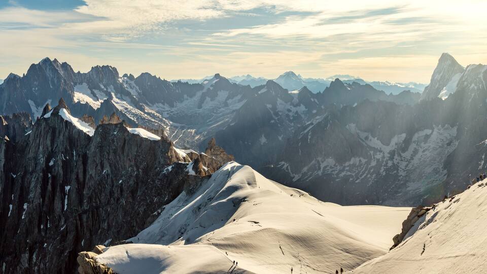 Panorama of Mont Blanc massif, mountain range in the Alps, France