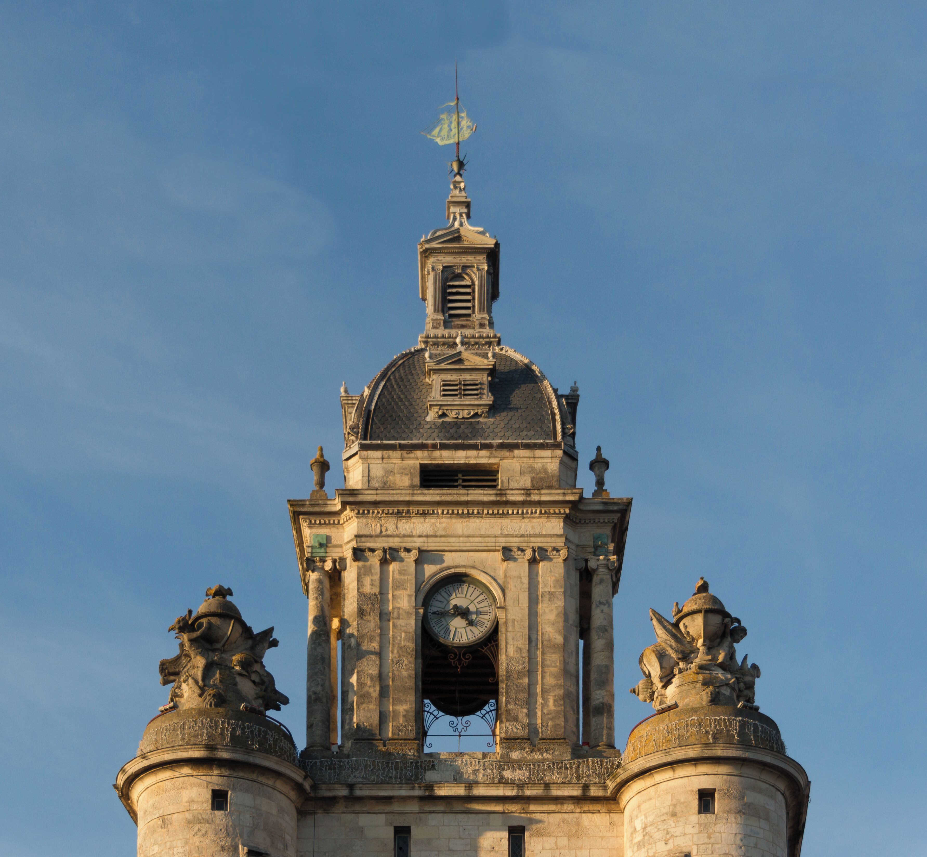 The top of the "Grosse Horloge" in La Rochelle, Charente-Maritime, France.