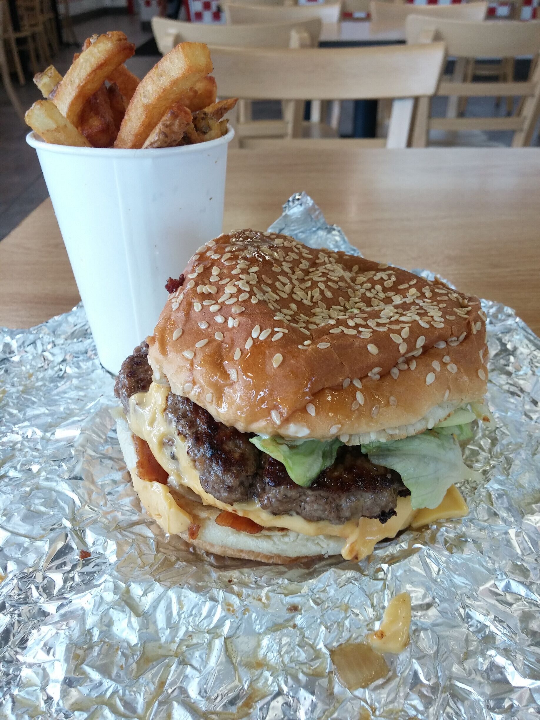 Bacon double cheeseburger from Five Guys Burgers and Fries. One of the best 'fast food' burgers in the business.