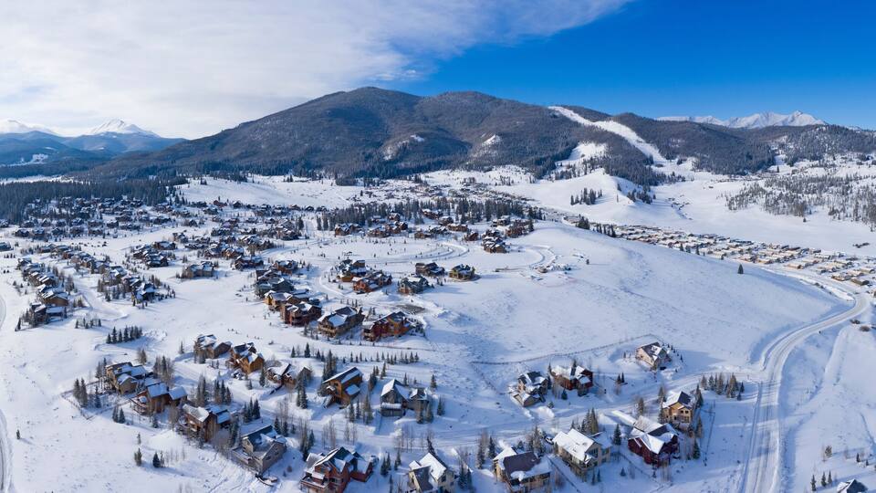 Keystone Colorado Winter Snowy Town Aerial Above Housing Developments