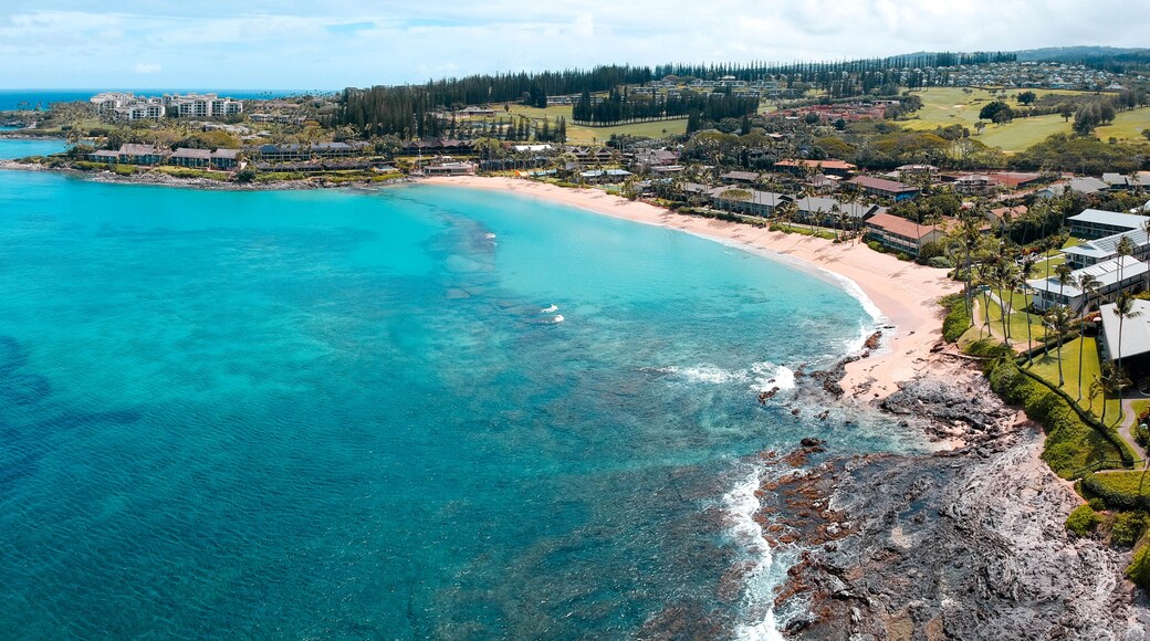 Napili bay aerial panorama. This beach is protected by an outer reef, and is sandy beach that is popular with swimmers, snorkellers & bathers.
