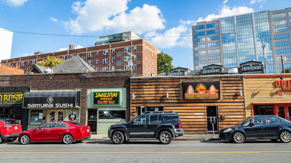 West End showing signage and a city