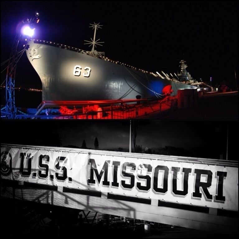 
The USS Missouri (BB-63) an Iowa-class battleship also known as "Mighty Mo" and "Big Mo". The Missouri was the last battleship built by the United States. She served in the Pacific Theater during World War II and fought in the Korean War from 1950 to 1953. She was decommissioned in 1955 into the United States Navy reserve fleets or the "Mothball Fleet".  she was reactivated and modernized in 1984 as part of the 600-ship Navy plan, and provided fire support during Operation Desert Storm in January and February of 1991.
Missouri received a total of 11 battle stars for service in World War II, Korea, and the Persian Gulf, and was finally decommissioned on 31 March 1992, but remained on the Naval Vessel Register until her name was struck in January 1995. In 1998, she was donated to the USS Missouri Memorial Association and became a museum ship at Pearl Harbor, Hawaii.