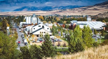 Downtown Bozeman, Montana seen from afar with mountains in the background