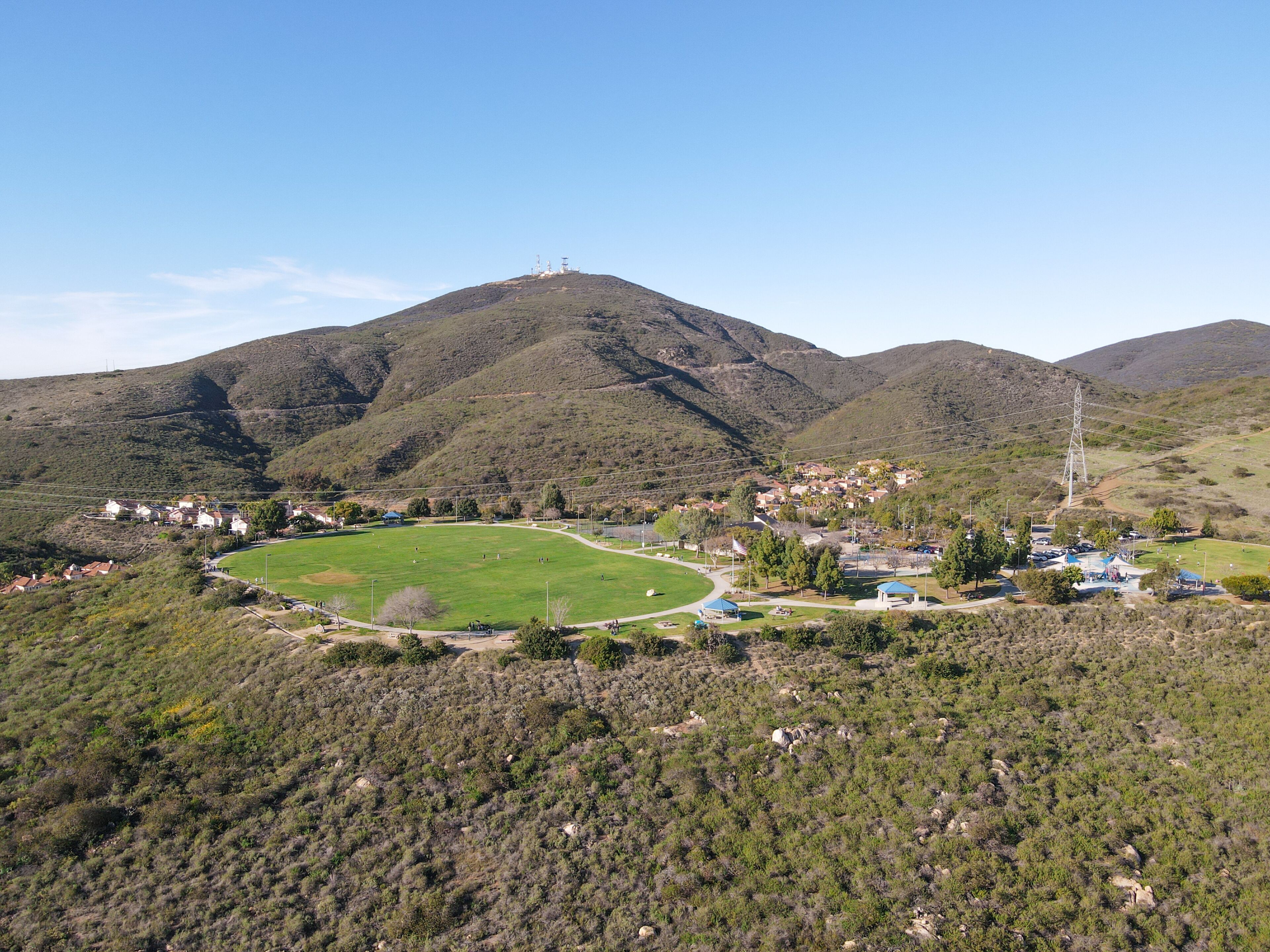Aerial view of community park on the top off a hill, Carmel Valley. San Diego, California, USA.