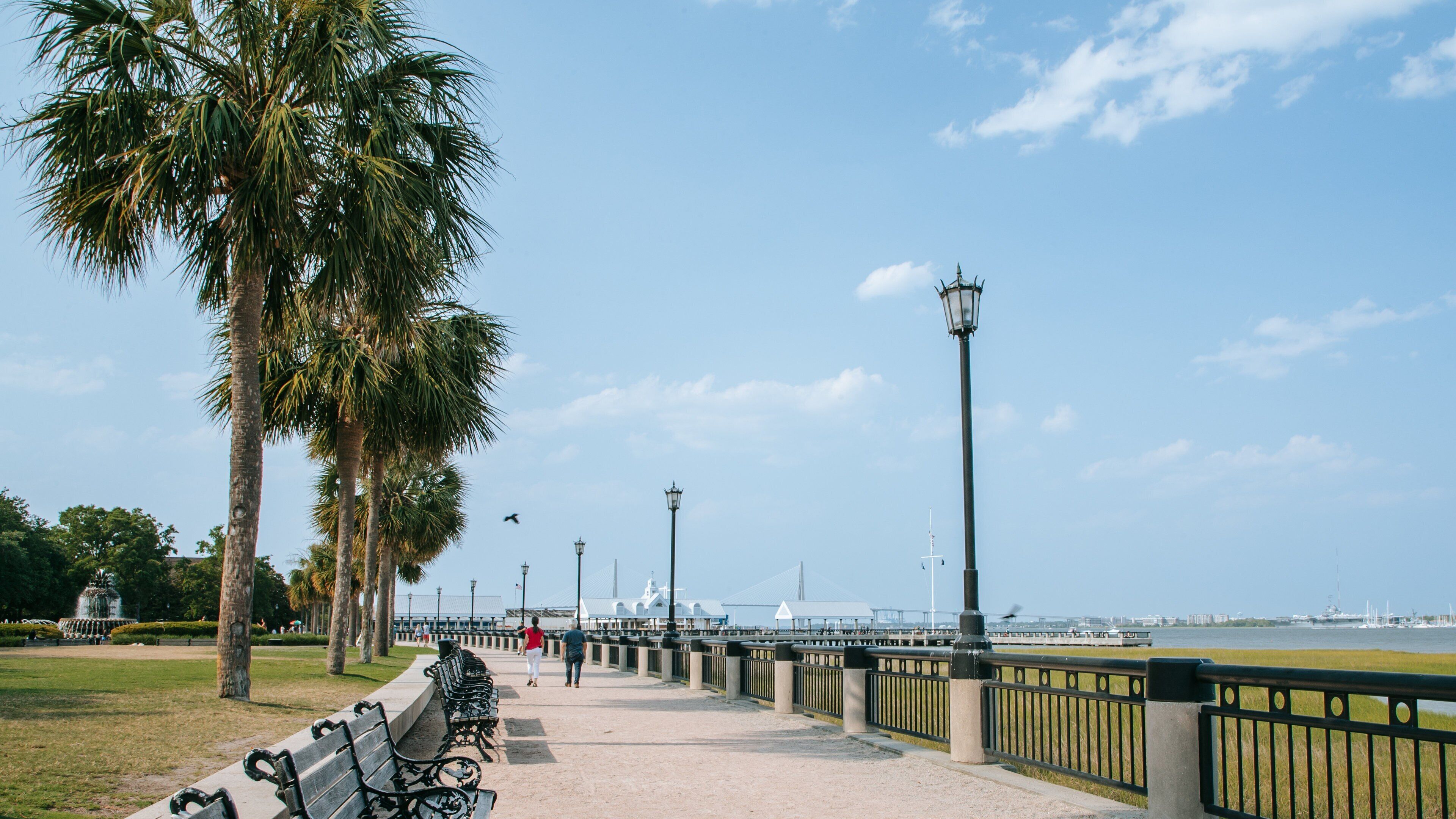 Eine Uferpromenade mit Bänken, Palmen und einer entfernten Brücke.