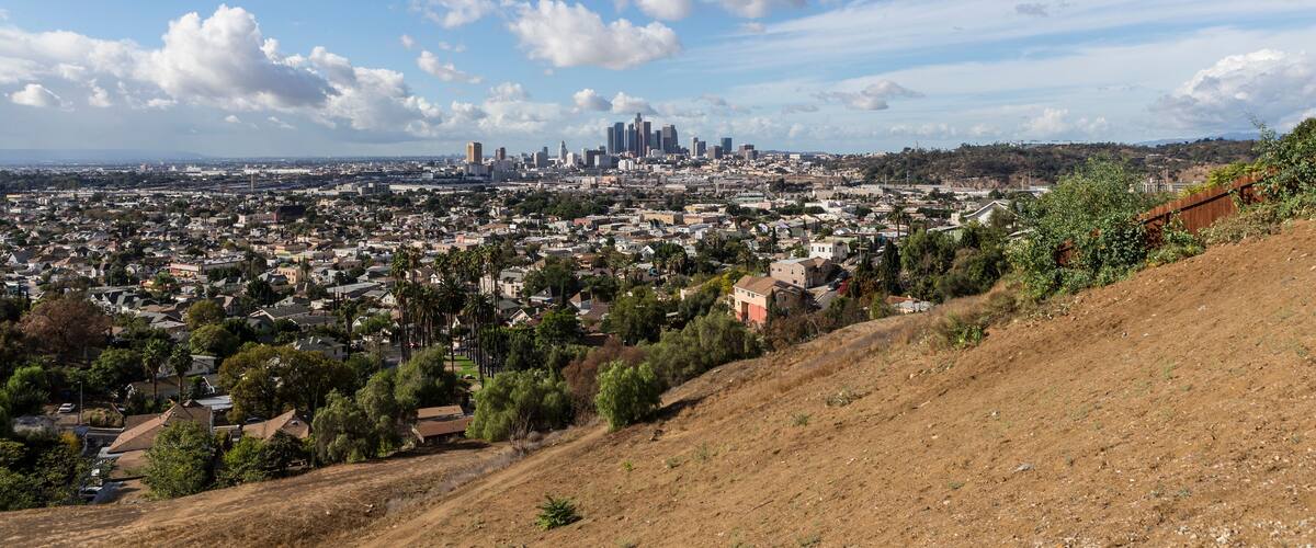 Clear smog free view towards downtown Los Angeles from hilltop above the Lincoln Heights neighborhood.