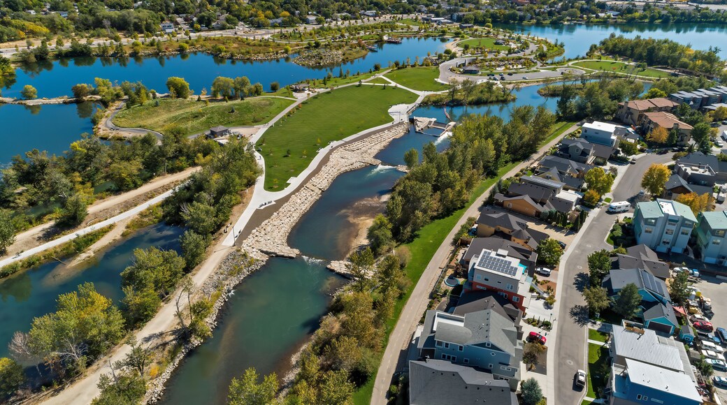 City water park with ponds and the Boise River in Boise, Idaho