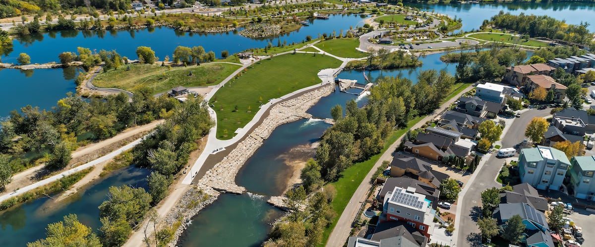 City water park with ponds and the Boise River in Boise, Idaho