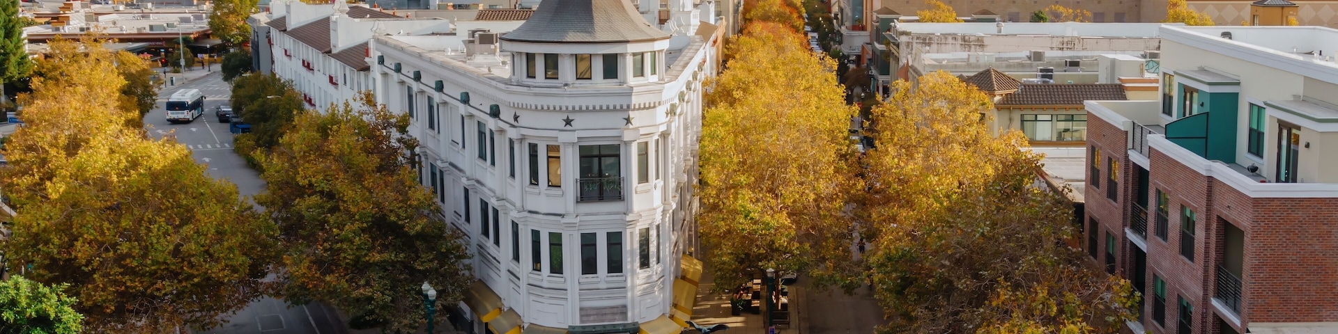 Downtown, Santa Cruz, California, USA, during autumn. The image shows the street with trees in fall colors, buildings, and a bus. The photo shows the city's architecture.