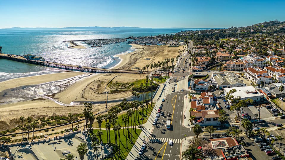 Santa Barbara Aerial Panorama. Scenic shot of Pier and beach