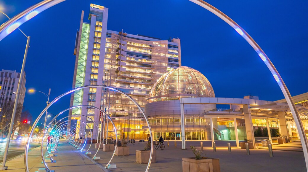 A modern building with a dome and a curved glass facade, surrounded by a pedestrian area with a light installation.