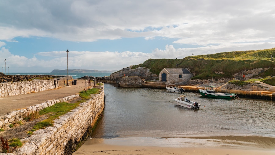 Ballintoy Harbour showing general coastal views, boating and a bay or harbor