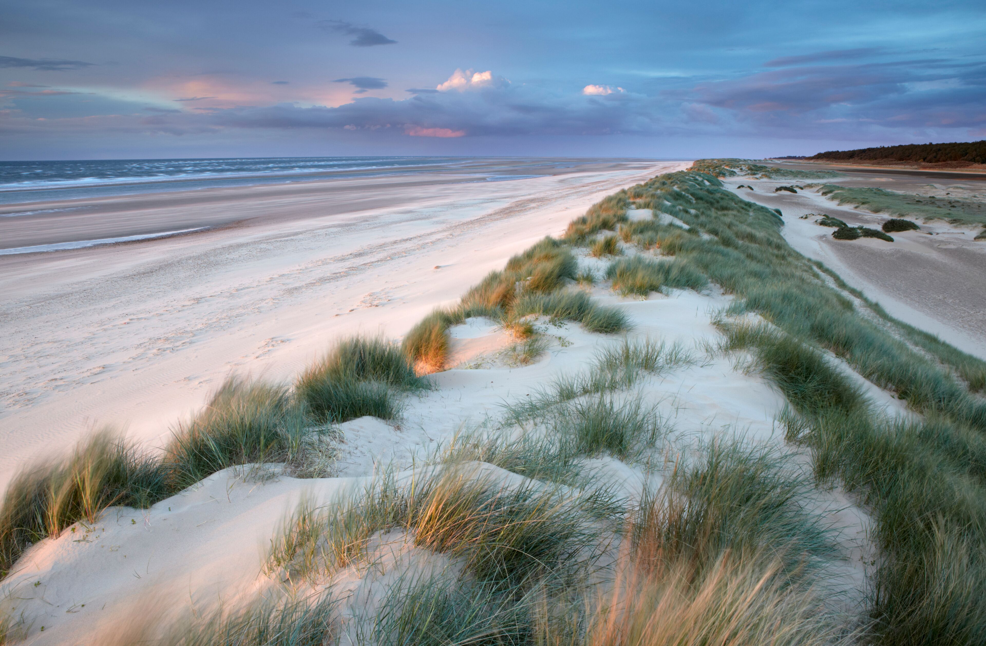 A beach with sand dunes and a view of the ocean.