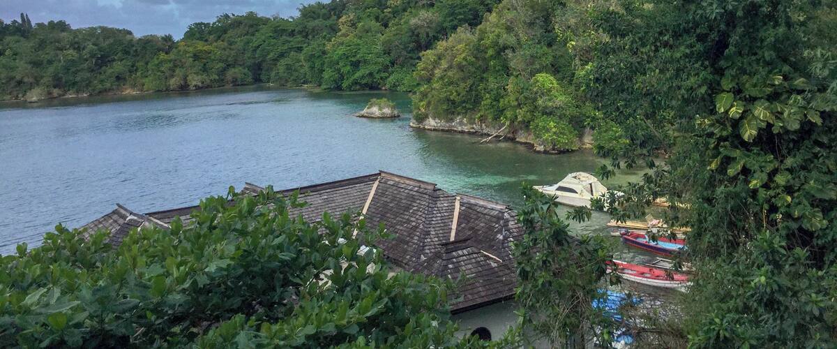 A river surrounded by dense forest, a small boat docked near a traditional house, and a cloudy sky.