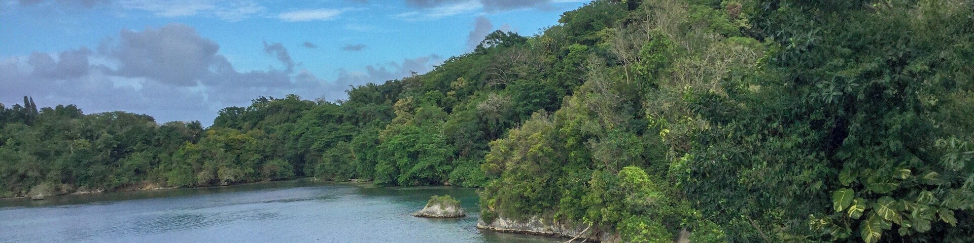 A river surrounded by dense forest, a small boat docked near a traditional house, and a cloudy sky.