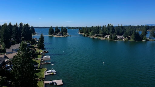 Um lago cercado por casas e árvores densas.