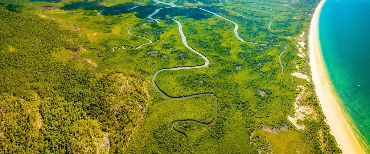 A coastal landscape with winding rivers, dense greenery, and a sandy beach.