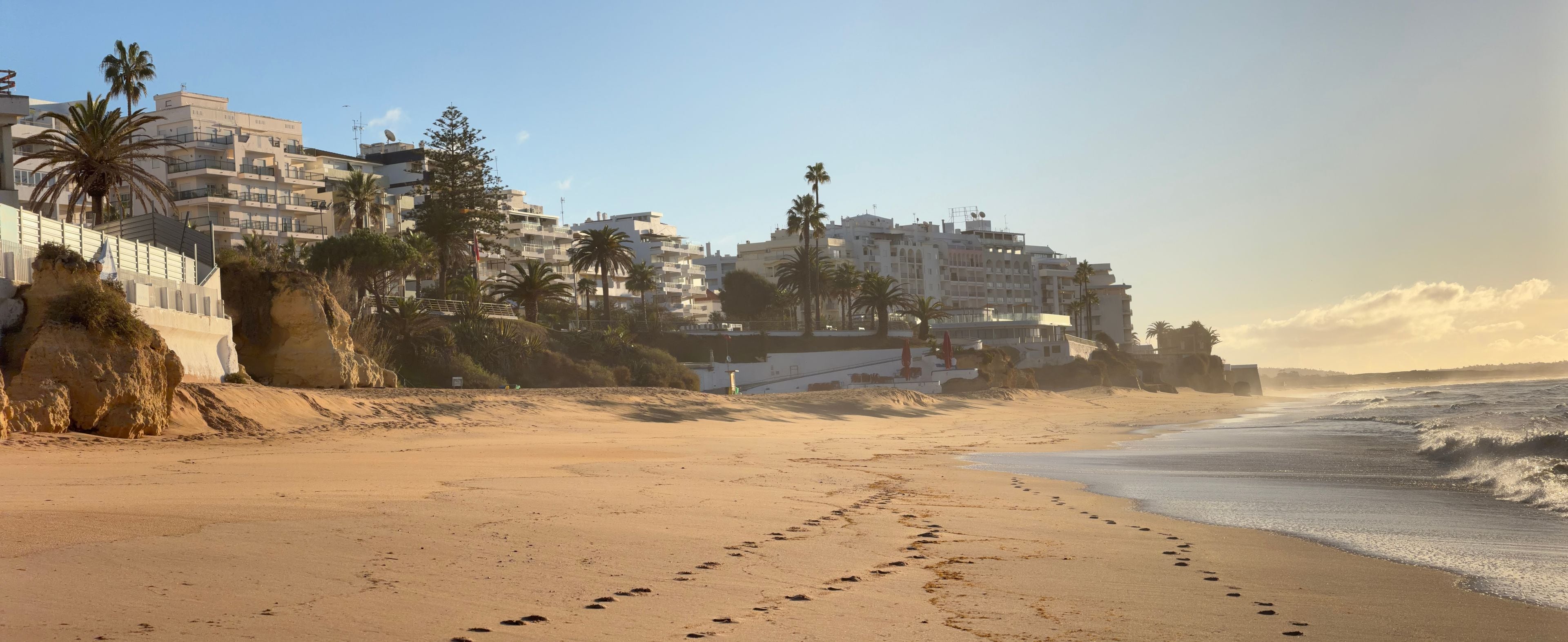 A sandy beach with footprints leading to the water, palm trees, and coastal buildings.