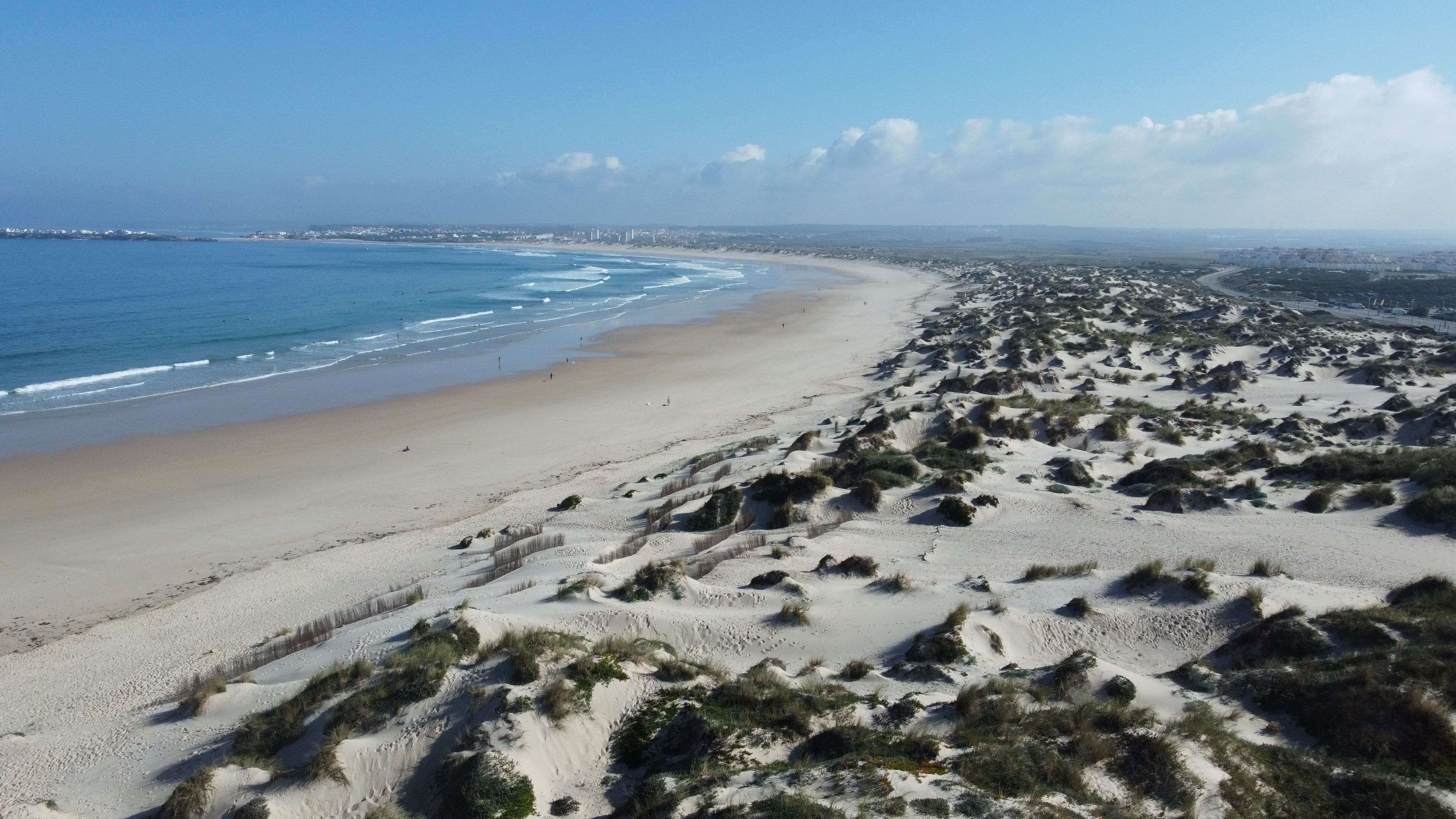A coastal landscape with a sandy beach, dunes, and a distant cityscape.