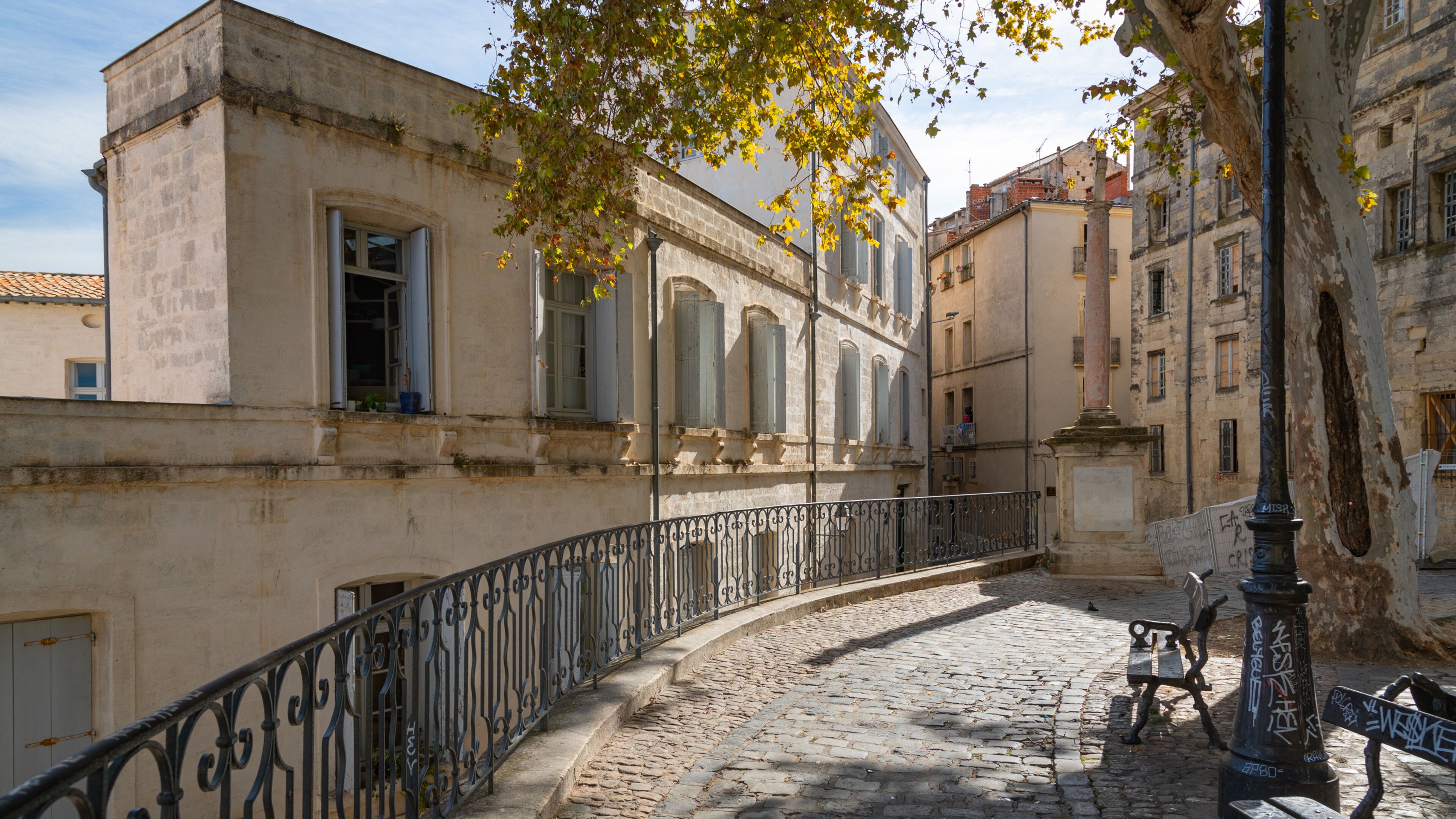 A cobblestone street with historic buildings, a wrought iron railing, and a tree with yellow leaves.