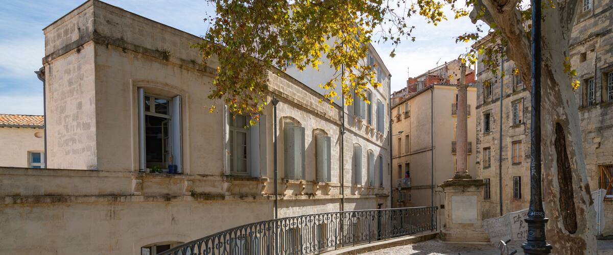 A cobblestone street with historic buildings, a wrought iron railing, and a tree with yellow leaves.