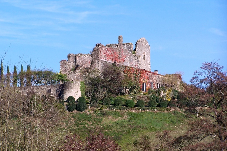 An ancient castle with ivy-covered walls, a turret, and a well-maintained garden.