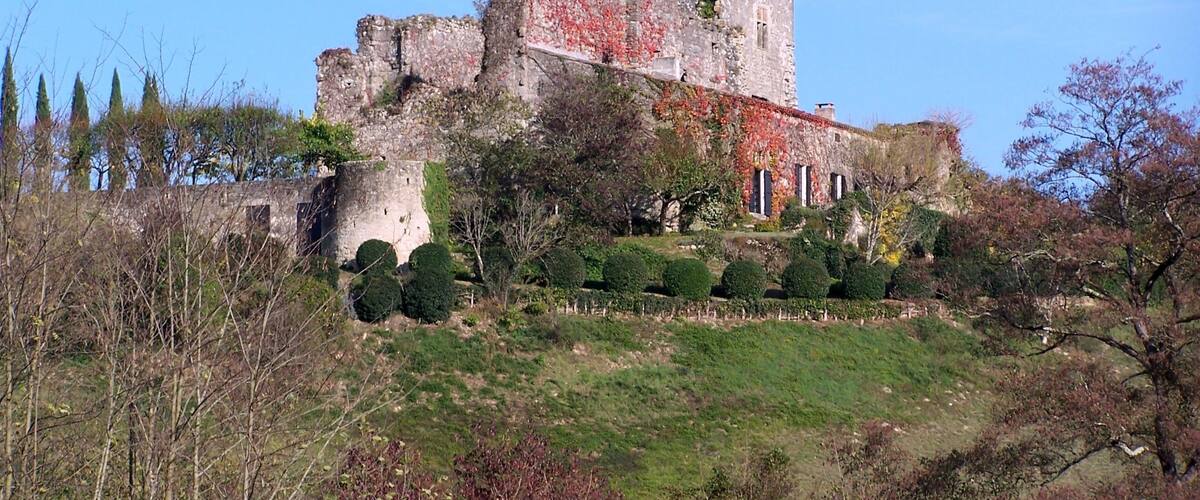 An ancient castle with ivy-covered walls, a turret, and a well-maintained garden.