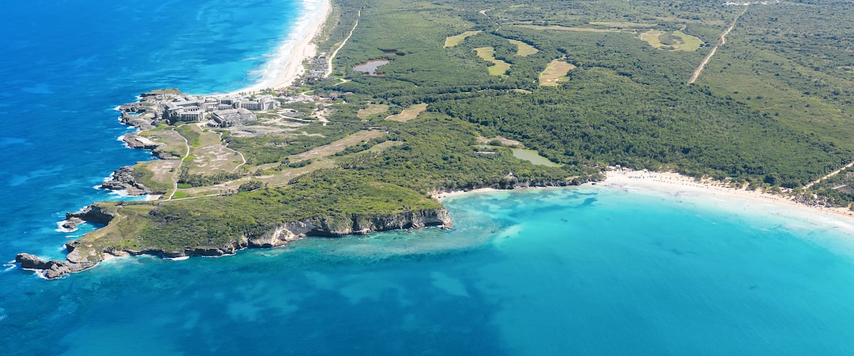 An aerial view of a coastal area with a beach, cliffs, and a dense forest.