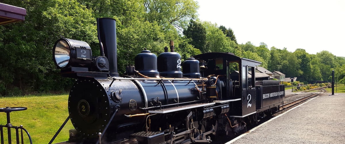 A black steam locomotive with the number 2 on the front, parked on a railway track surrounded by greenery.