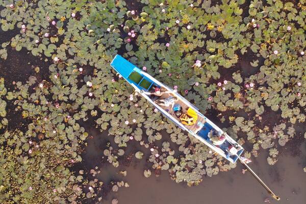 Drone shot of our boat in the lake