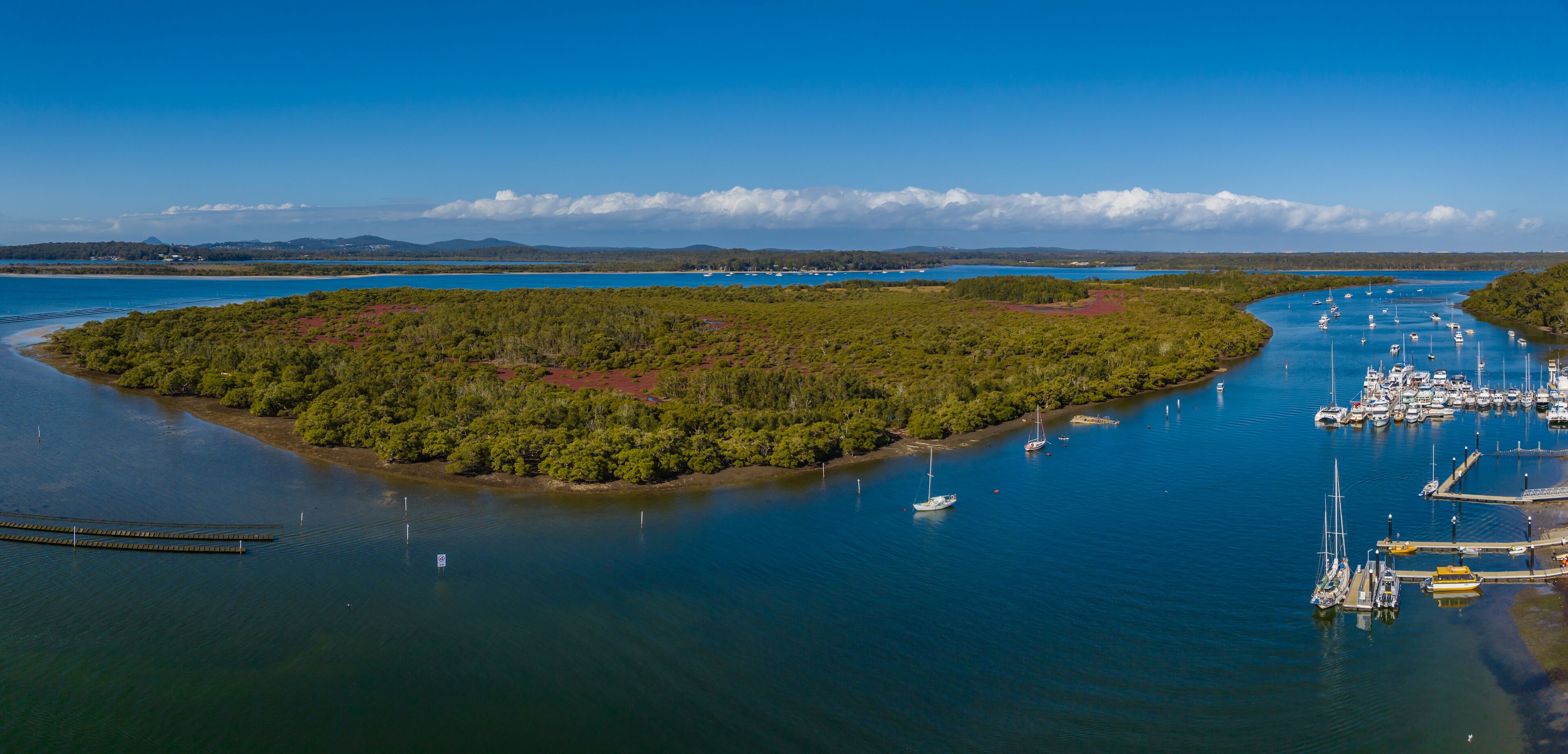 Aerial panorama over the waterways at Lemon Tree Passage