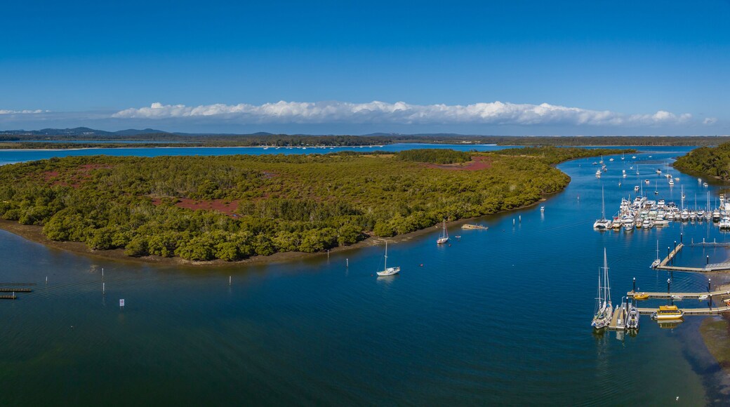 Aerial panorama over the waterways at Lemon Tree Passage