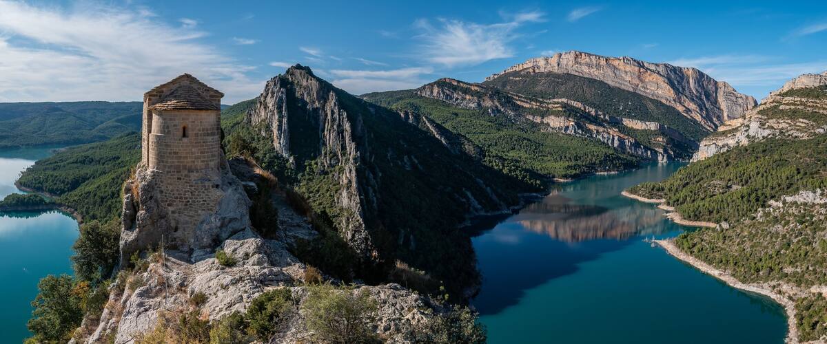 Panoramic View of Ermita de La Pertusa above the lake - Congost de Mont Rebei