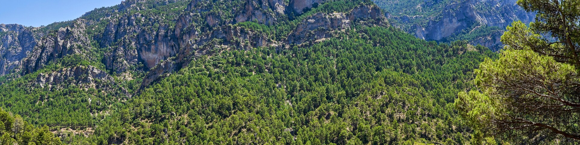 Un paysage montagneux caractérisé par de denses forêts verdoyantes et de hautes falaises rocheuses.