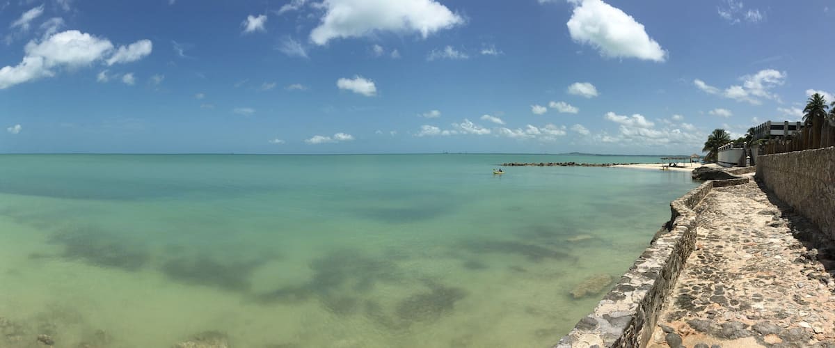 A clear turquoise sea, a stone pier, and a sandy beach with palm trees.