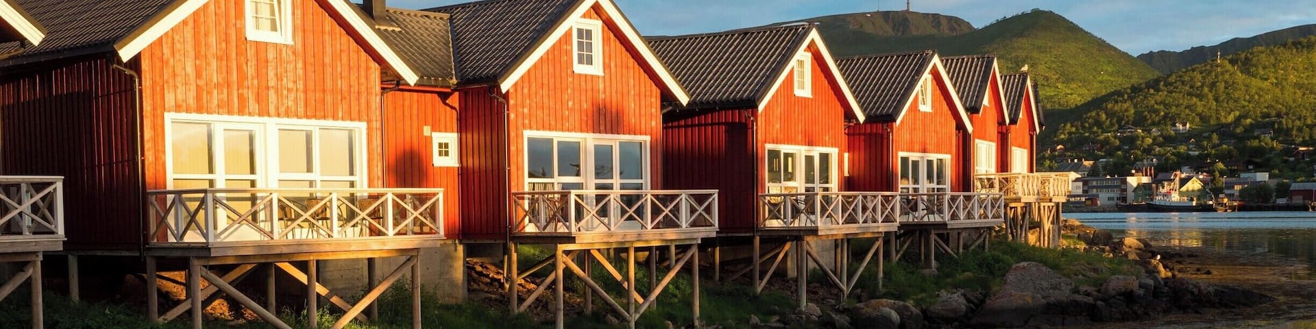 The great thing about visiting Northern Norway during the summer months is that you can experience the Midnight Sun. In Stokmarknes in July, the sun didn't "set" until midnight, and even then didn't fully dip below the horizon.
I caught this shot of the cabins at the Vesteralen Kysthotell during "golden hour," which really lasted way longer than an hour.