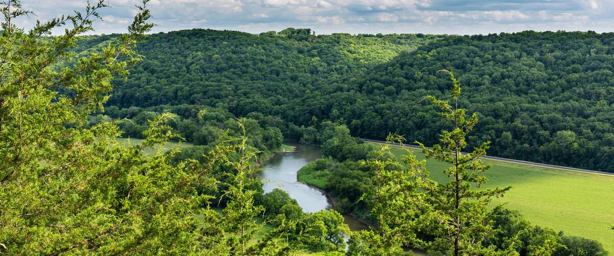 A river winding through a forested valley with a road running parallel to the river.