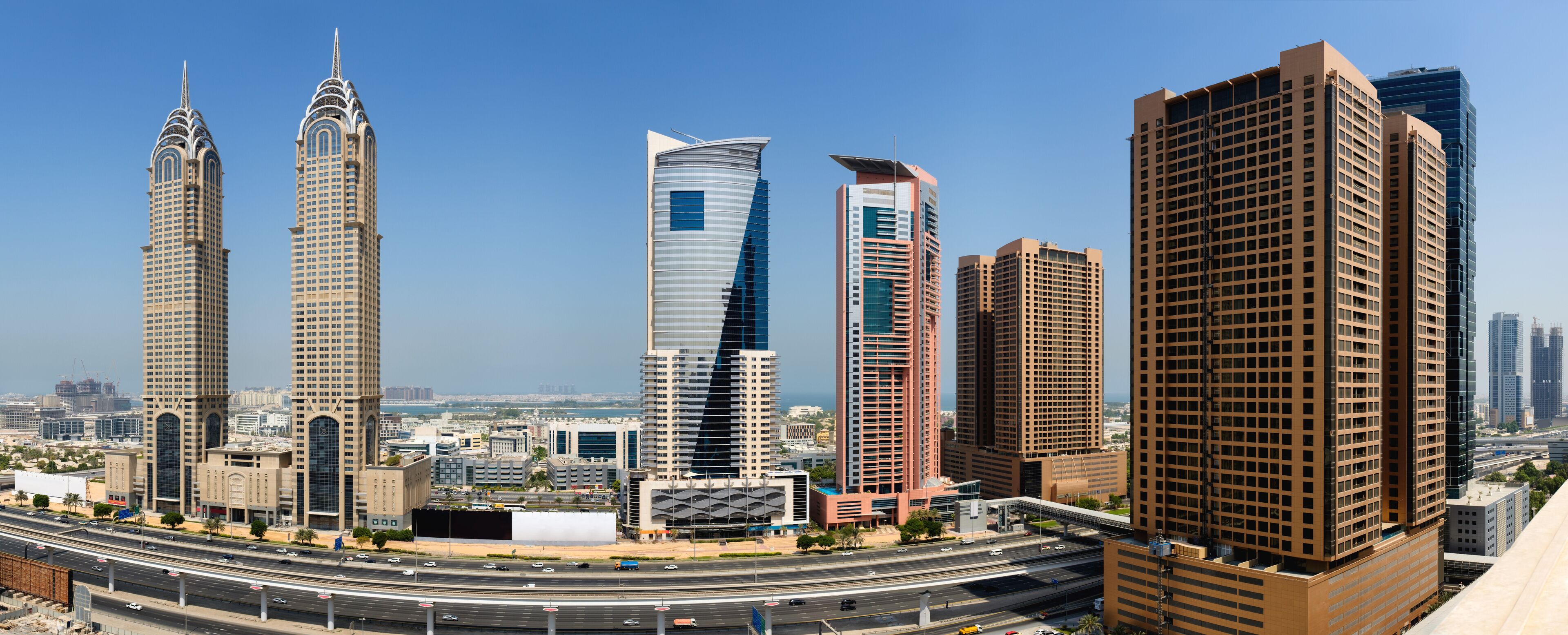 Beautiful aerial panoramic view to Dubai Internet City district skyline in the daytime, United Arab Emirates