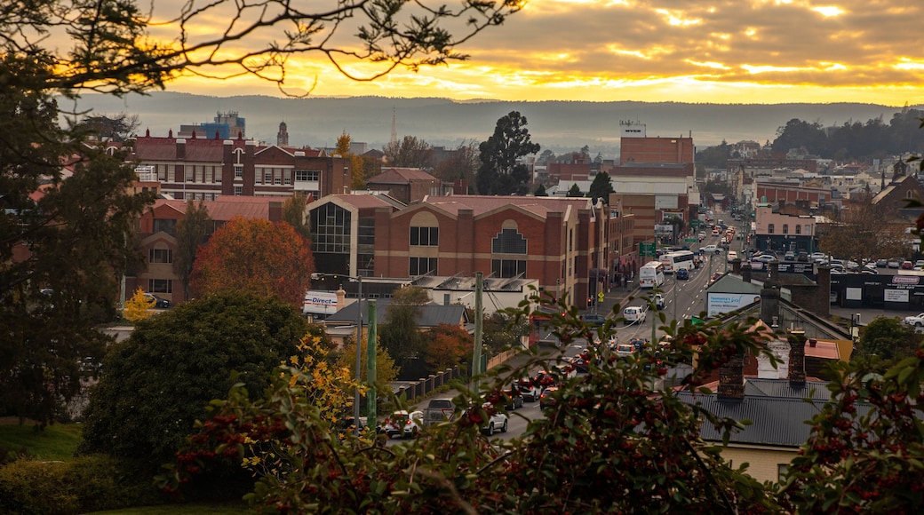 Launceston CBD which includes landscape views and a sunset
